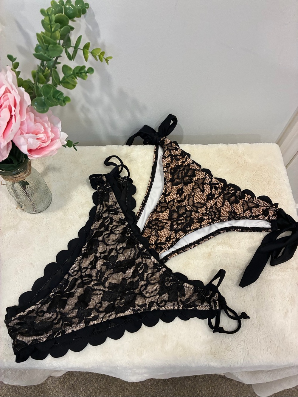 Women’s Lace Triangle Bikini Bottoms - Black Over Nude